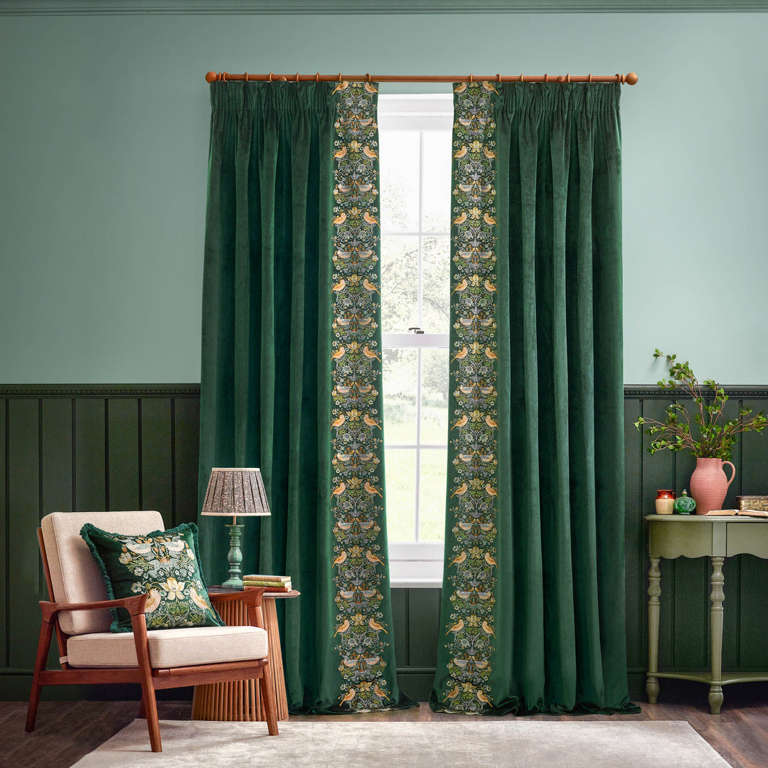 STRAWBERRY THIEF EMBROIDERY 228X137 PENCIL PLEAT CURTAINS FOREST GREEN