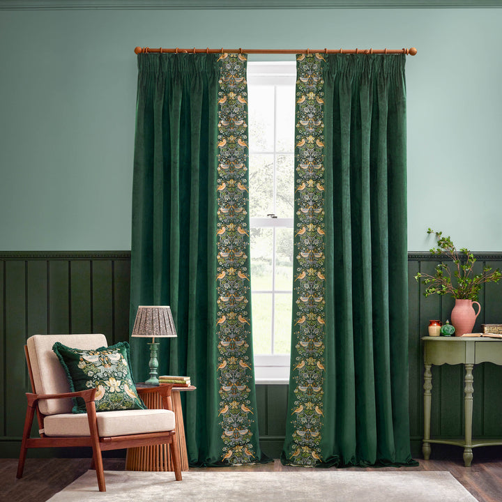 STRAWBERRY THIEF EMBROIDERY 228X137 PENCIL PLEAT CURTAINS FOREST GREEN