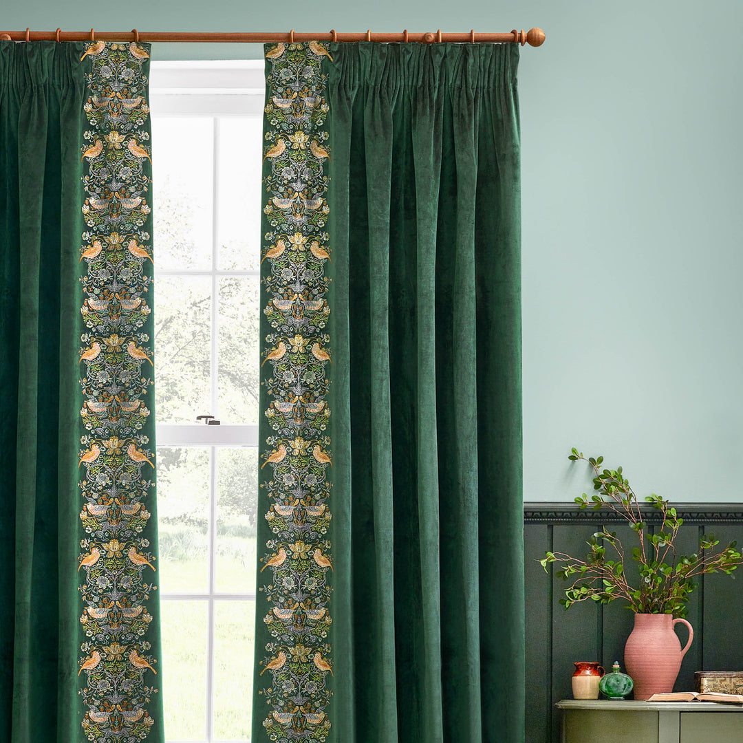STRAWBERRY THIEF EMBROIDERY 228X137 PENCIL PLEAT CURTAINS FOREST GREEN
