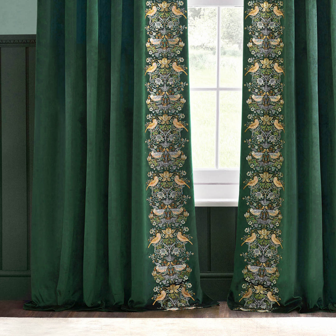 STRAWBERRY THIEF EMBROIDERY 228X137 PENCIL PLEAT CURTAINS FOREST GREEN