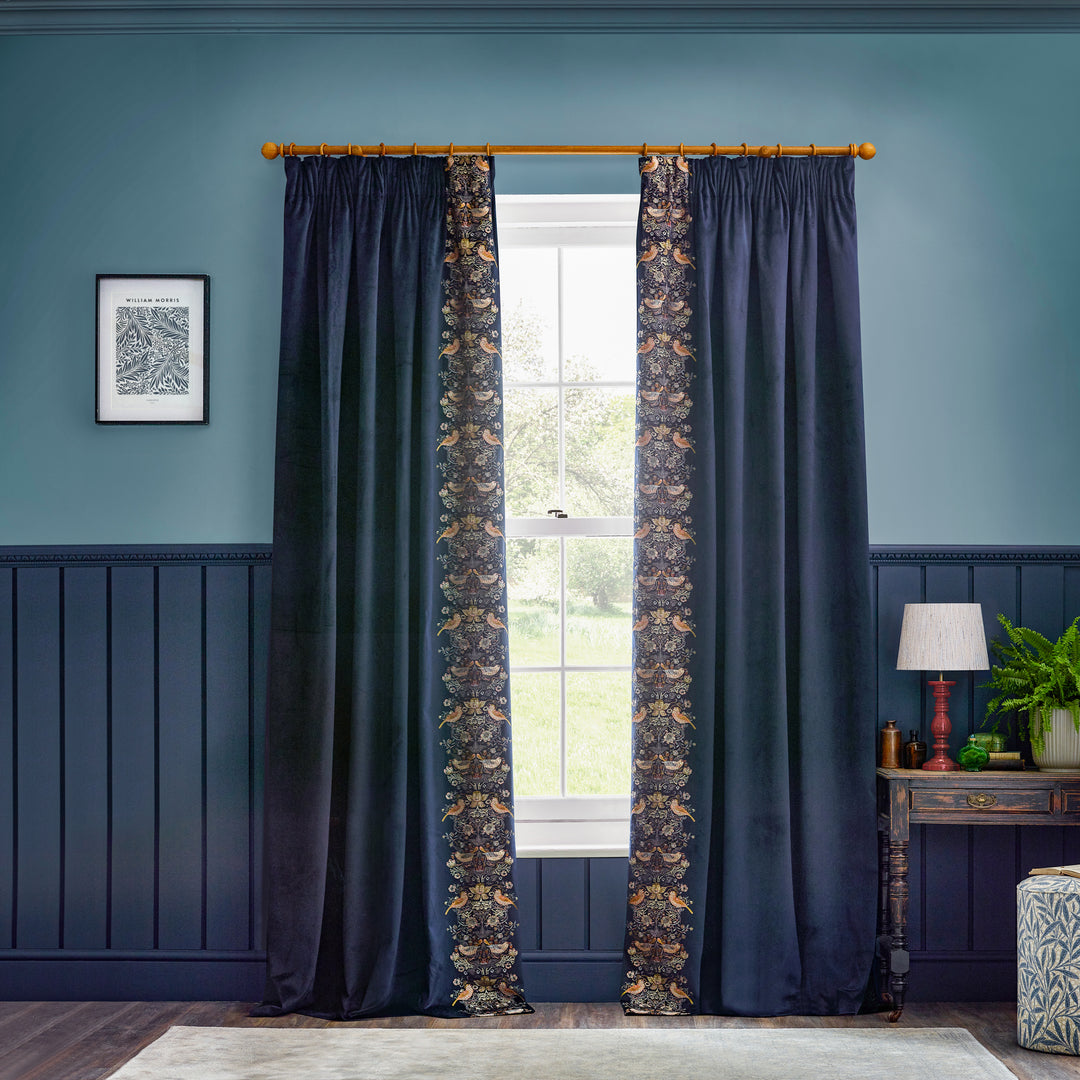 STRAWBERRY THIEF EMBROIDERY 228X182 PENCIL PLEAT CURTAINS INDIGO