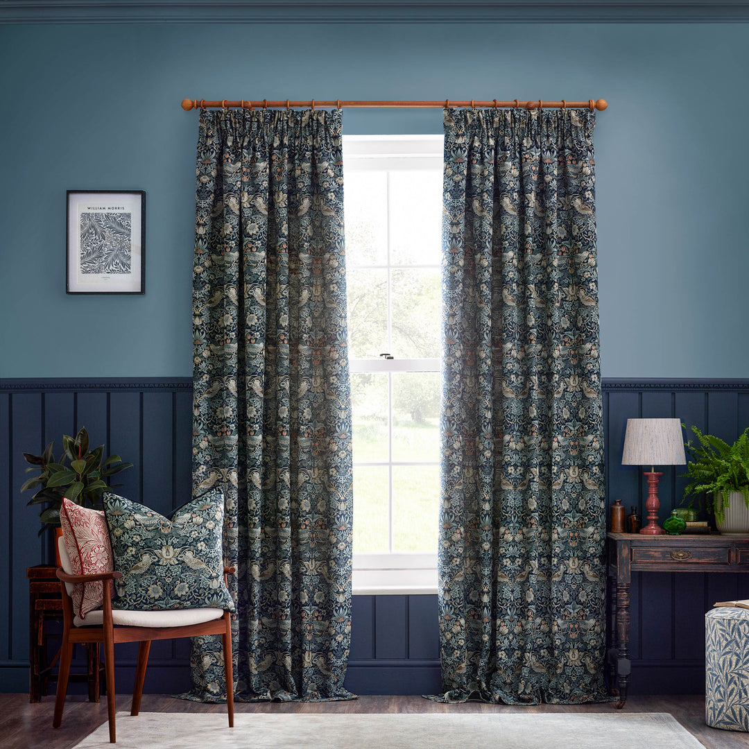 STRAWBERRY THIEF JACQUARD 117X137 PENCIL PLEAT CURTAINS INDIGO