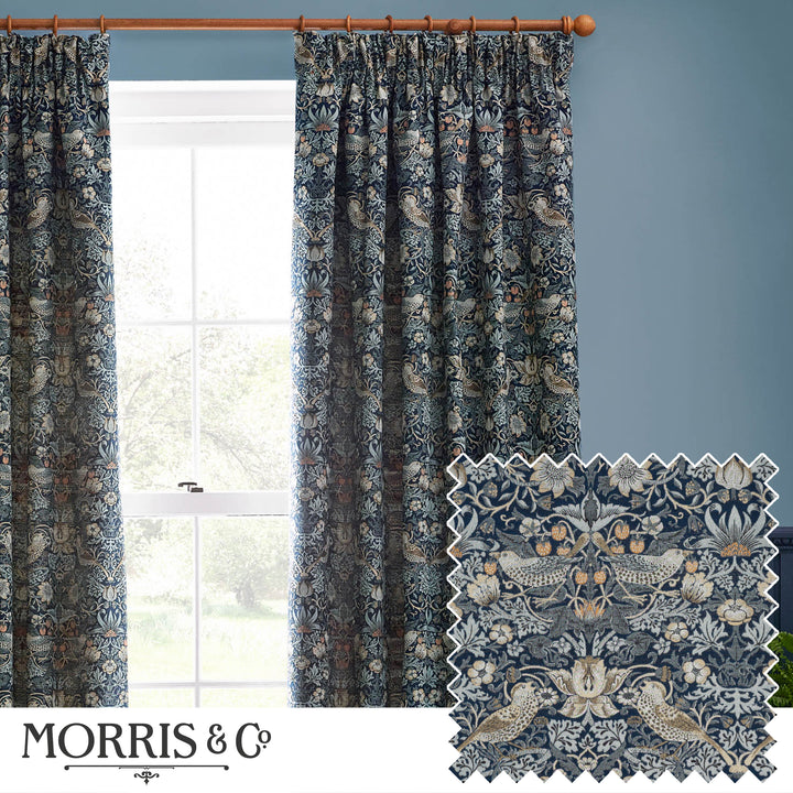 STRAWBERRY THIEF JACQUARD 117X182 PENCIL PLEAT CURTAINS INDIGO