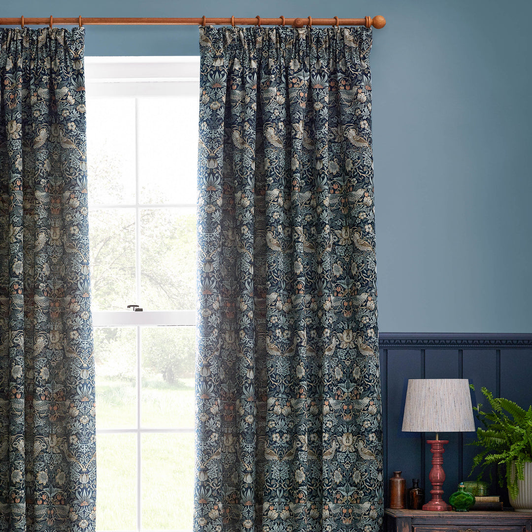STRAWBERRY THIEF JACQUARD 117X182 PENCIL PLEAT CURTAINS INDIGO