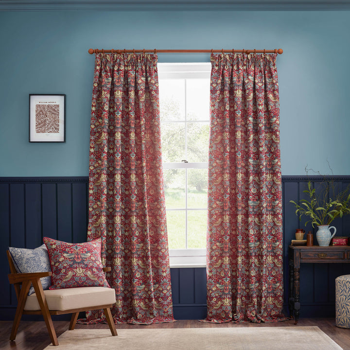 STRAWBERRY THIEF JACQUARD 167X137 PENCIL PLEAT CURTAINS BERRY
