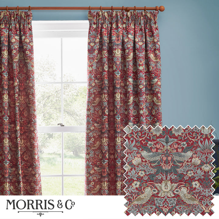 STRAWBERRY THIEF JACQUARD 167X137 PENCIL PLEAT CURTAINS BERRY
