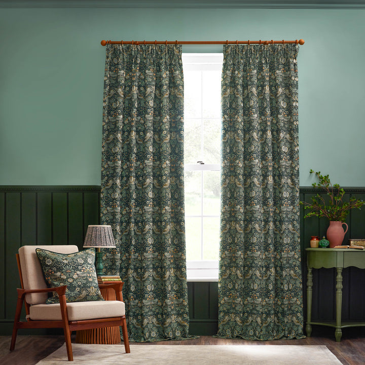 STRAWBERRY THIEF JACQUARD 167X137 PENCIL PLEAT CURTAINS FOREST GREEN