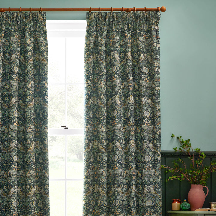 STRAWBERRY THIEF JACQUARD 167X137 PENCIL PLEAT CURTAINS FOREST GREEN