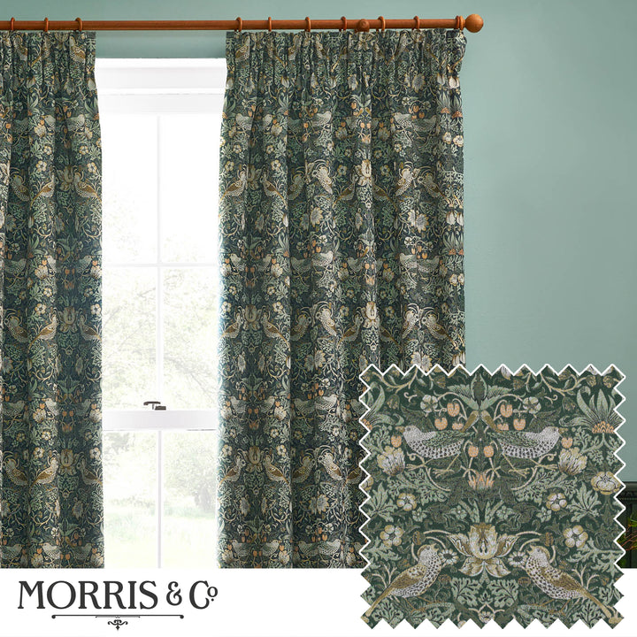 STRAWBERRY THIEF JACQUARD 167X137 PENCIL PLEAT CURTAINS FOREST GREEN