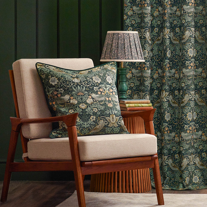STRAWBERRY THIEF JACQUARD 167X137 PENCIL PLEAT CURTAINS FOREST GREEN