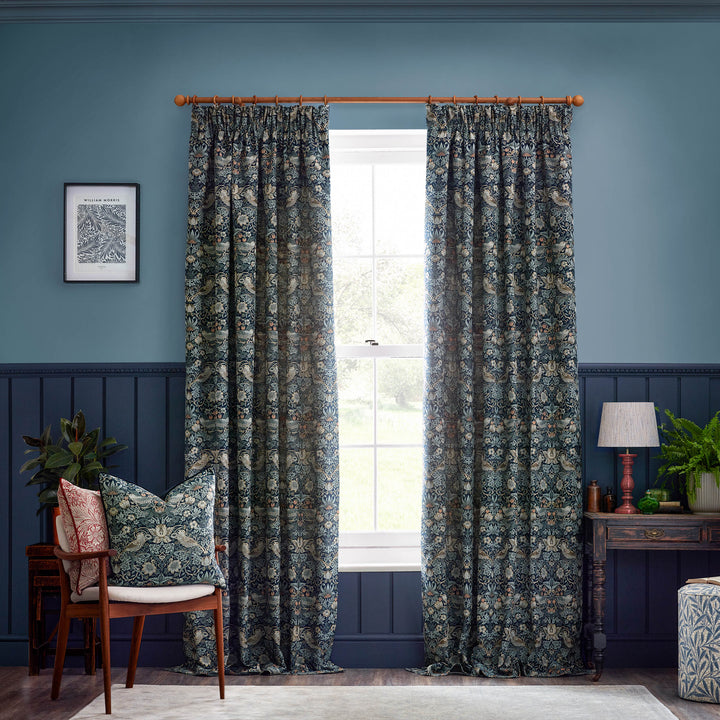STRAWBERRY THIEF JACQUARD 167X182 PENCIL PLEAT CURTAINS INDIGO
