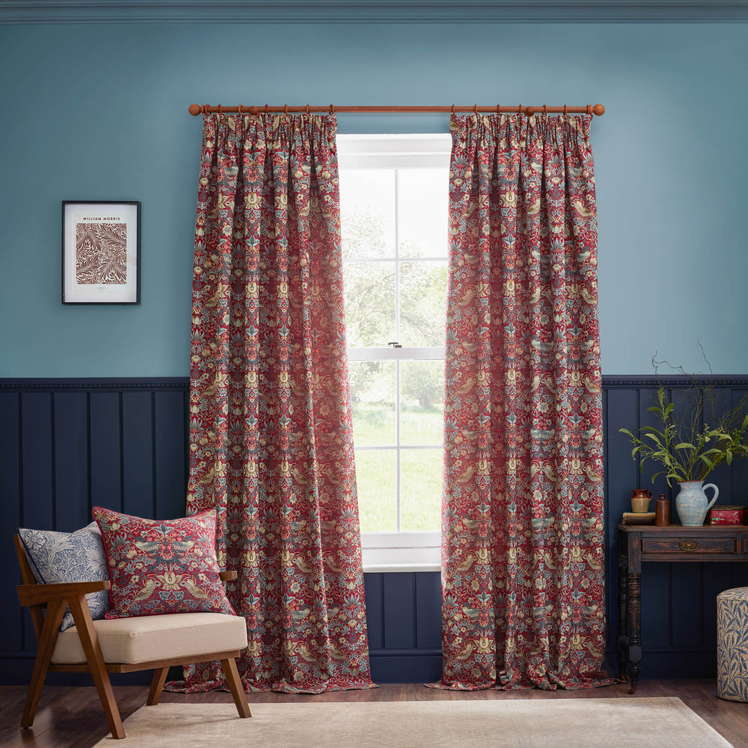 STRAWBERRY THIEF JACQUARD 228X137 PENCIL PLEAT CURTAINS BERRY
