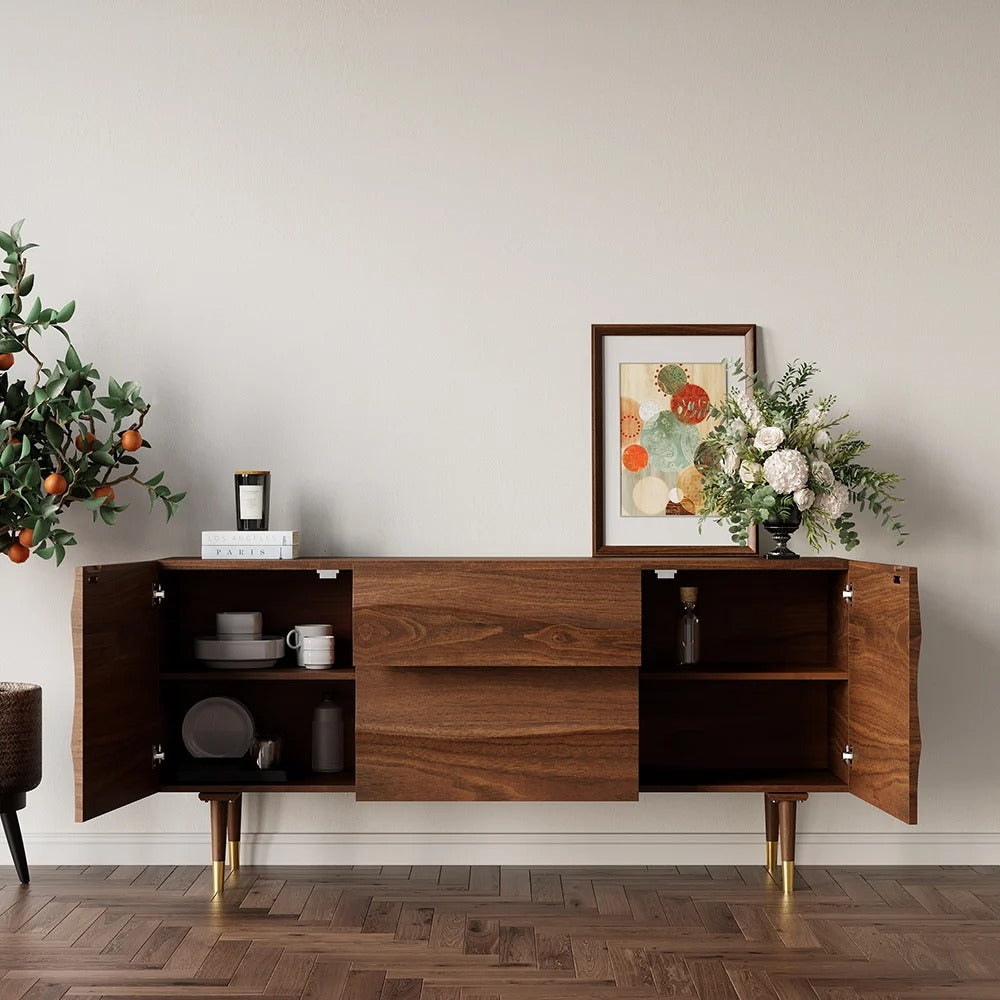 Wavy Mid-Century Walnut Sideboard