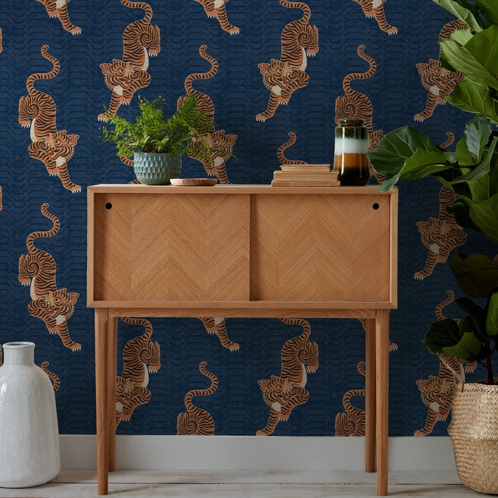TIBETAN TIGER WALLPAPER NAVY