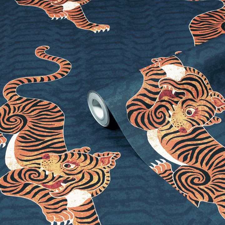 TIBETAN TIGER WALLPAPER NAVY