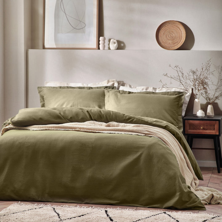 Waffle Super King Size Duvet Set Olive