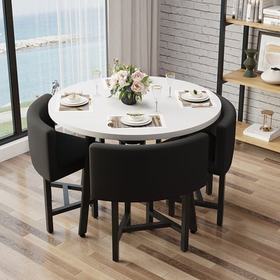Round Small Dining Table Set Nesting with Upholstered 4 Chairs