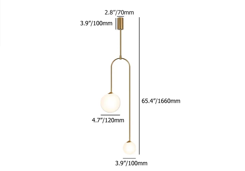 U-Shaped Pendant Light Glass Globe 2-Light in Gold