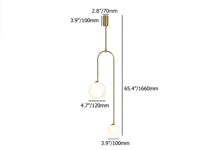 U-Shaped Pendant Light Glass Globe 2-Light in Gold