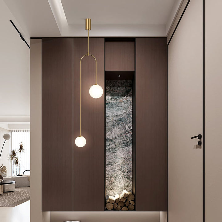 U-Shaped Pendant Light Glass Globe 2-Light in Gold