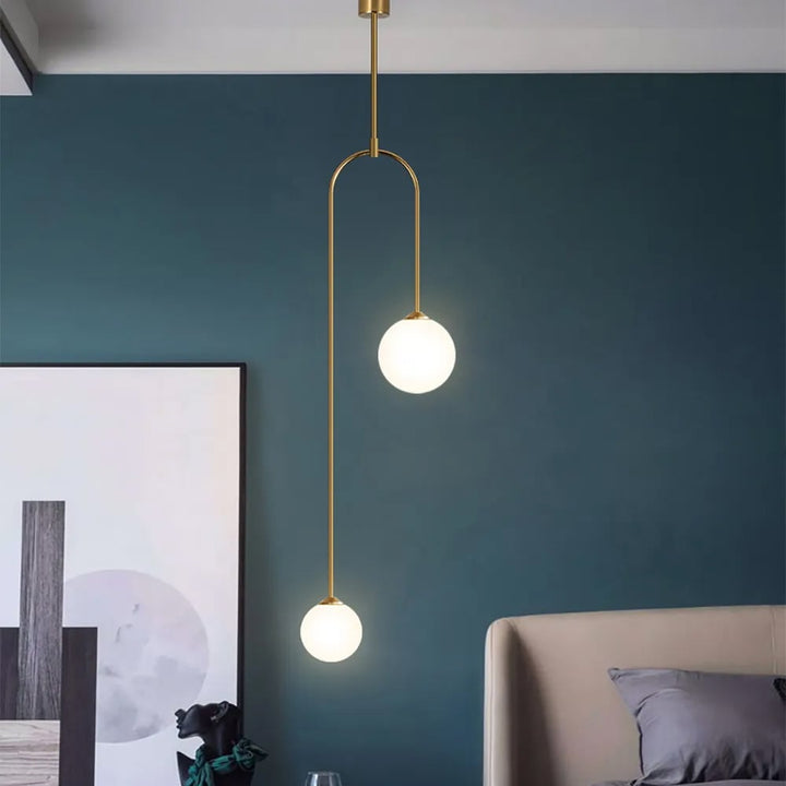 U-Shaped Pendant Light Glass Globe 2-Light in Gold