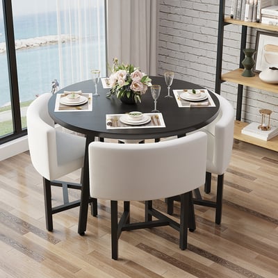 Round Small Dining Table Set Nesting with Upholstered 4 Chairs