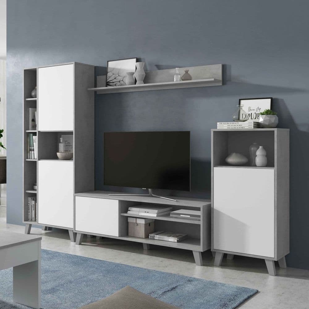 Lavender White And Concrete Grey Effect Large TV Entertainment Wall Unit Cabinet