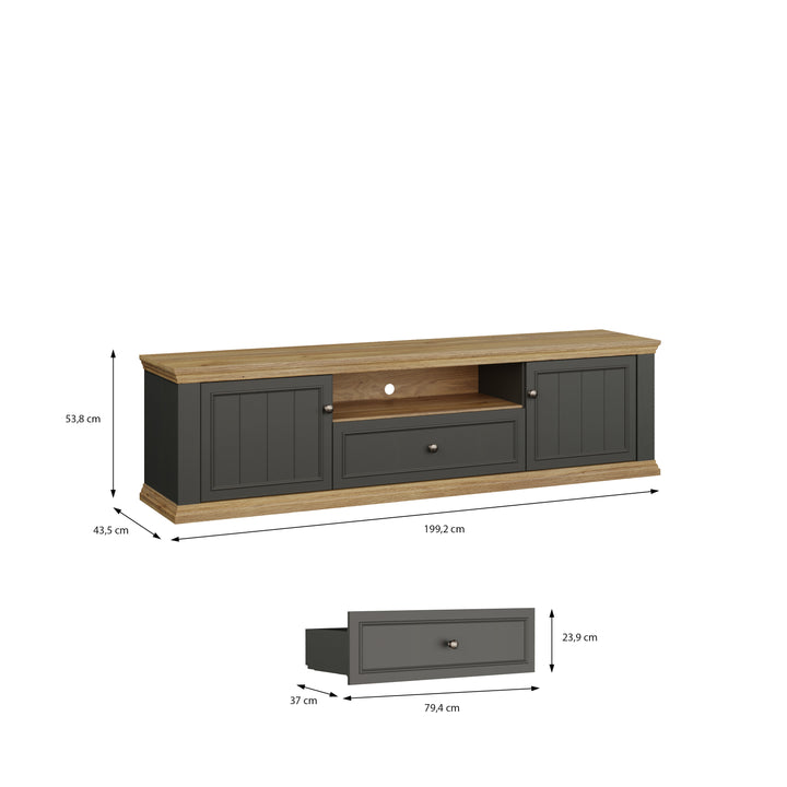Pontypool Wide TV Unit with 2 Doors, Drawer & Open Shelf in Grey and Mauvella Oak