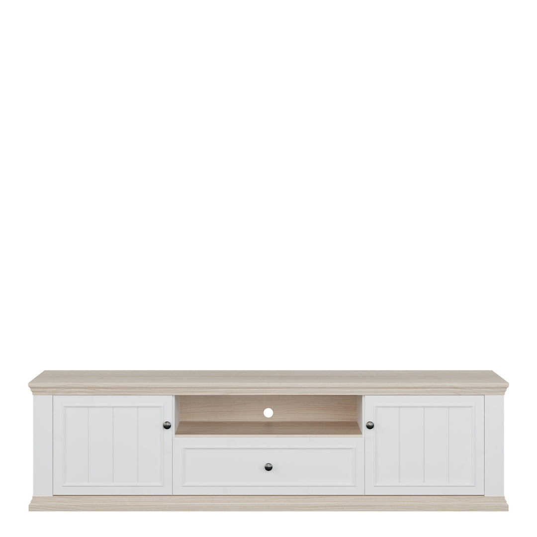 Pontypool Wide TV Unit with 2 Doors, Drawer & Open Shelf in White and Riva Oak