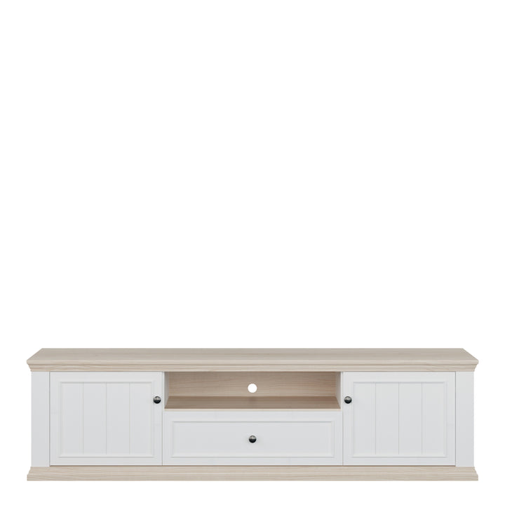 Pontypool Wide TV Unit with 2 Doors, Drawer & Open Shelf in White and Riva Oak