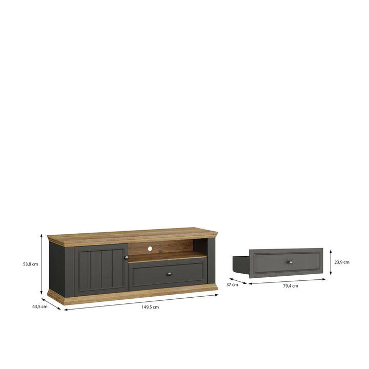 Pontypool TV Unit with Drawer & Open Shelf in Grey and Mauvella Oak