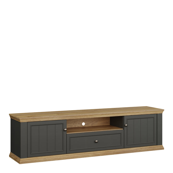 Pontypool Wide TV Unit with 2 Doors, Drawer & Open Shelf in Grey and Mauvella Oak