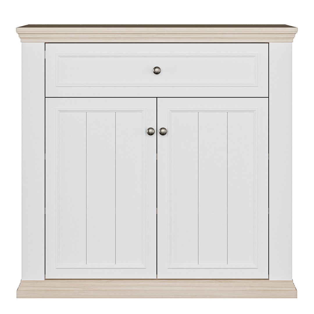 Pontypool 2 Door 1 Drawer Small Sideboard in White and Riva Oak