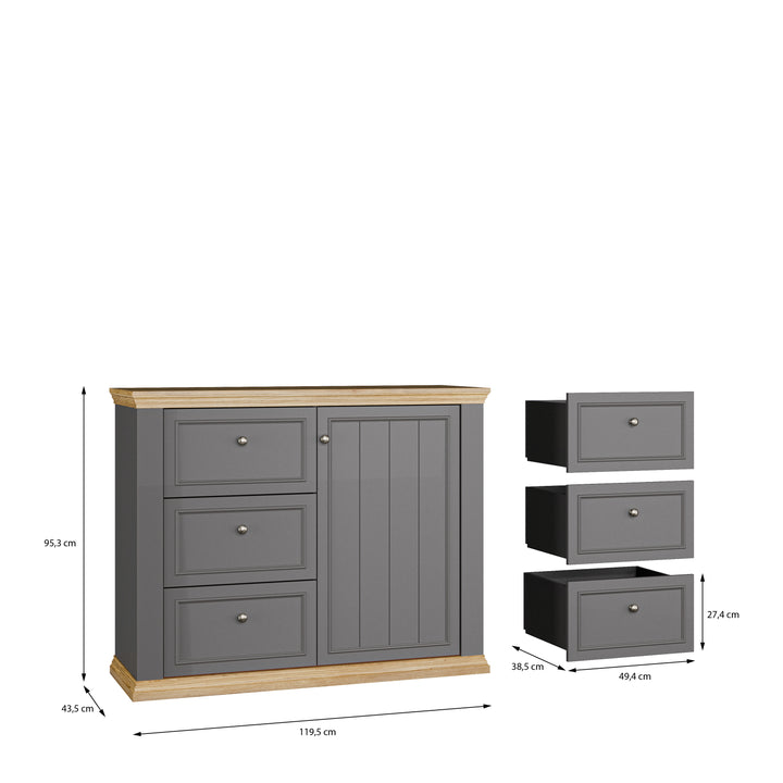 Pontypool 3 Drawer & 1 Door Sideboard in Grey and Mauvella Oak