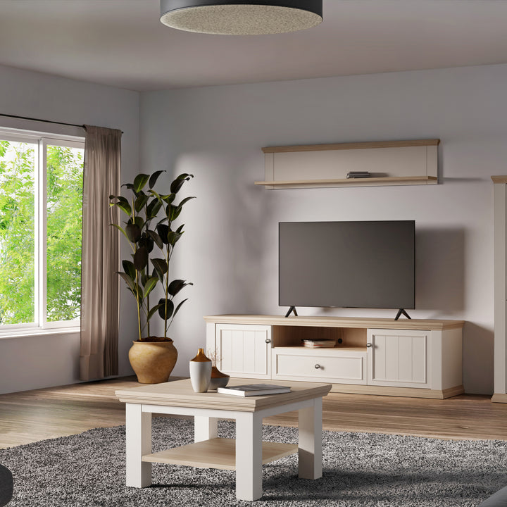 Pontypool Wide TV Unit with 2 Doors, Drawer & Open Shelf in White and Riva Oak