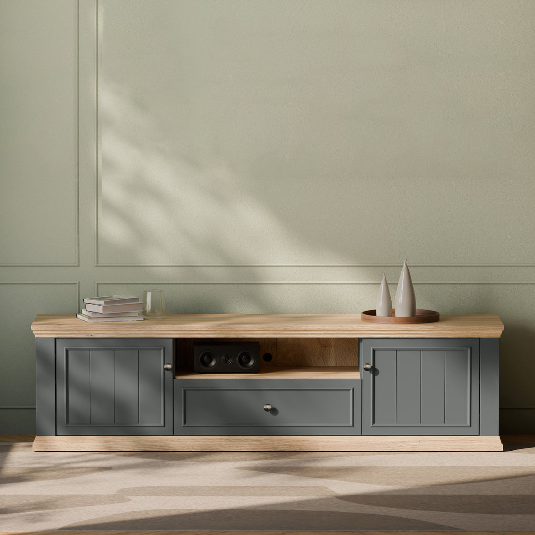 Pontypool Wide TV Unit with 2 Doors, Drawer & Open Shelf in Grey and Mauvella Oak