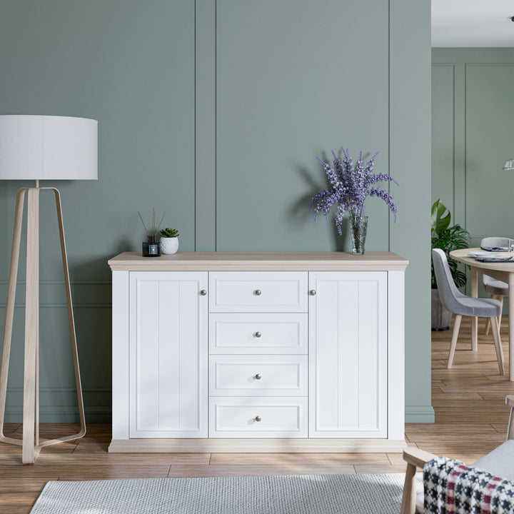 Pontypool 4 Drawer & 2 Door Sideboard in White and Riva Oak