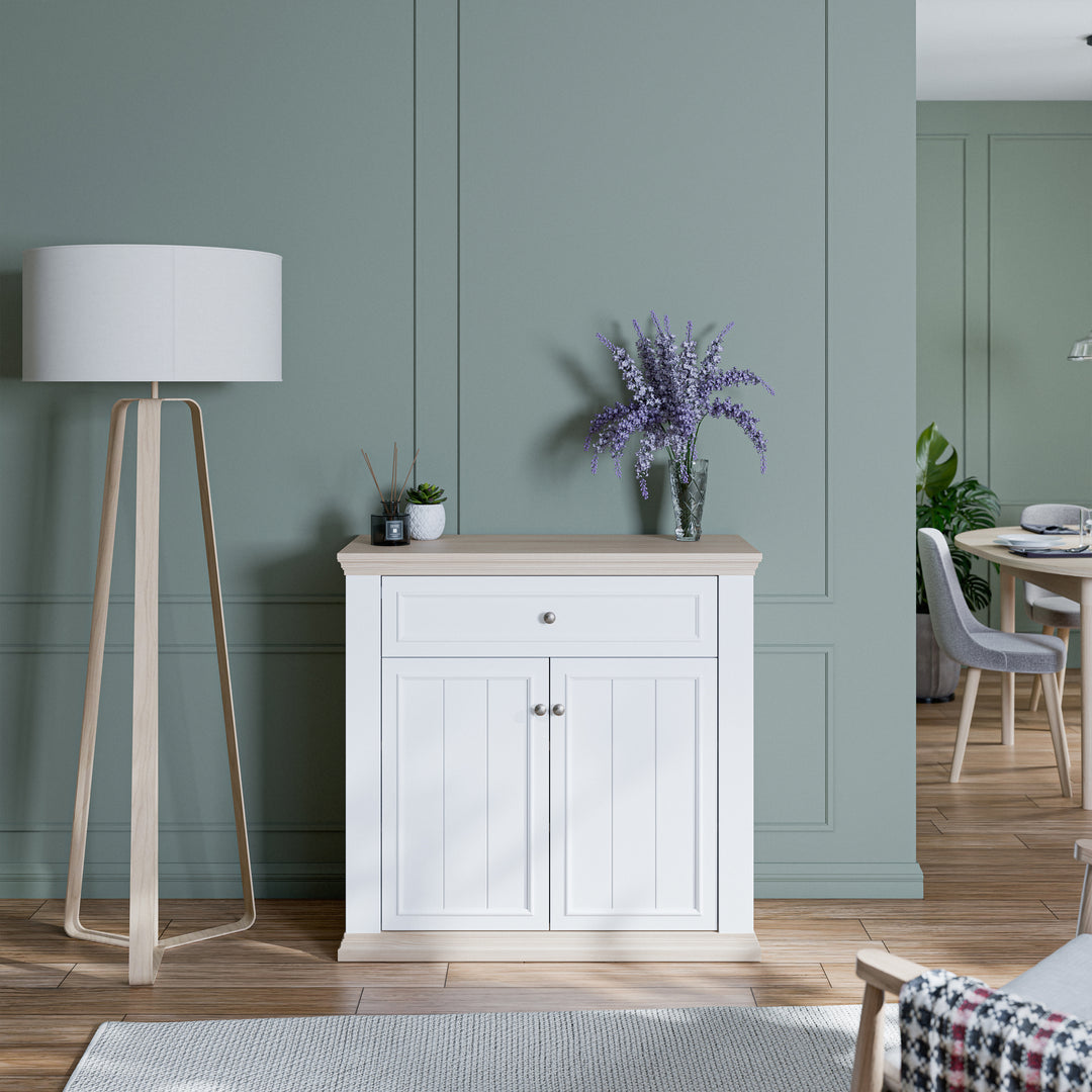 Pontypool 2 Door 1 Drawer Small Sideboard in White and Riva Oak