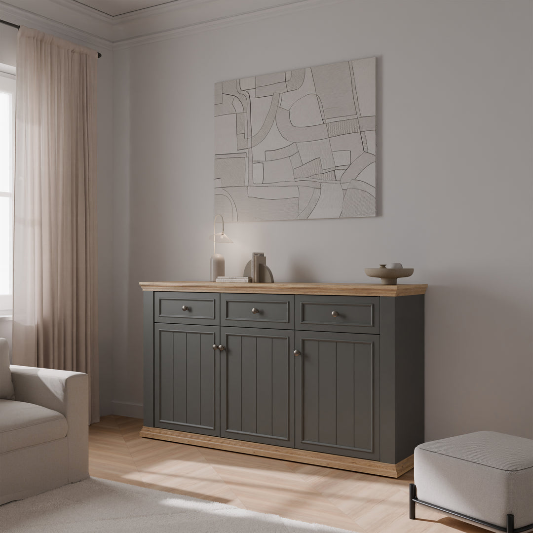 Pontypool 3 Drawer & 3 Door Sideboard in Grey and Mauvella Oak