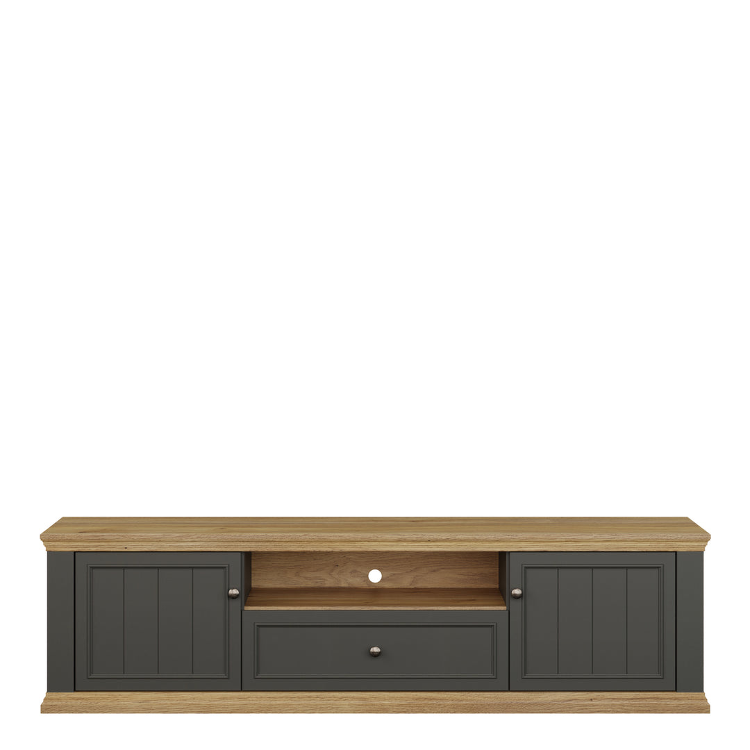 Pontypool Wide TV Unit with 2 Doors, Drawer & Open Shelf in Grey and Mauvella Oak