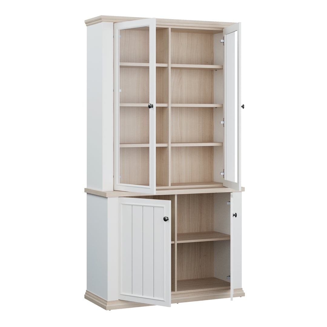 Pontypool 4 Door Display Cabinet in White and Riva Oak