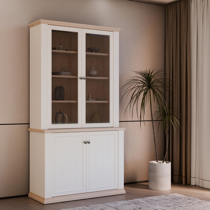 Pontypool 4 Door Display Cabinet in White and Riva Oak