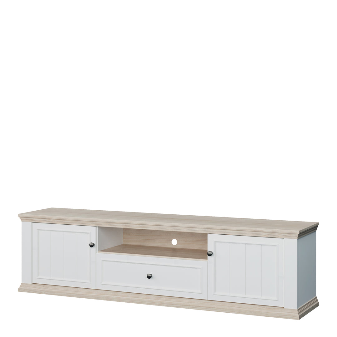 Pontypool Wide TV Unit with 2 Doors, Drawer & Open Shelf in White and Riva Oak