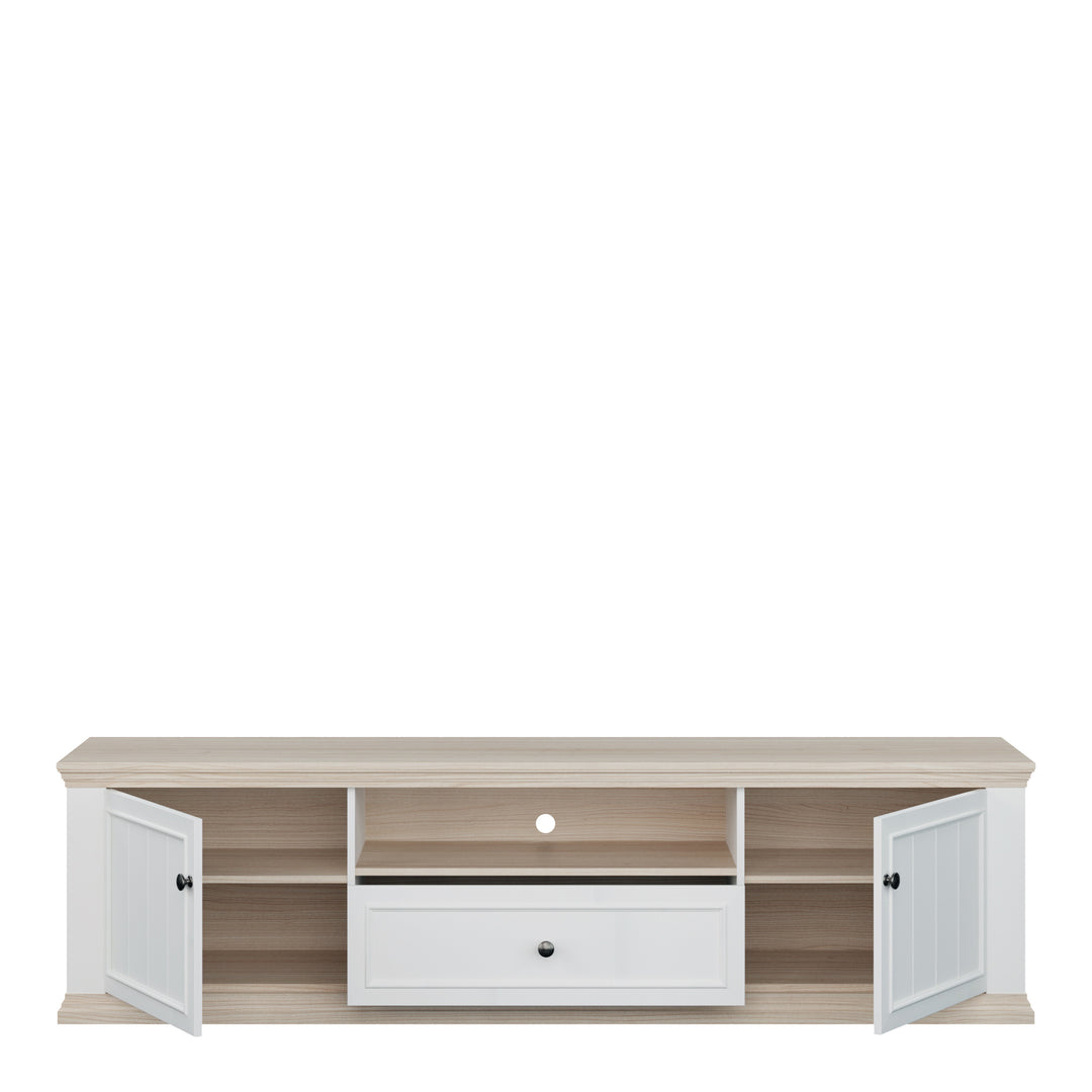 Pontypool Wide TV Unit with 2 Doors, Drawer & Open Shelf in White and Riva Oak