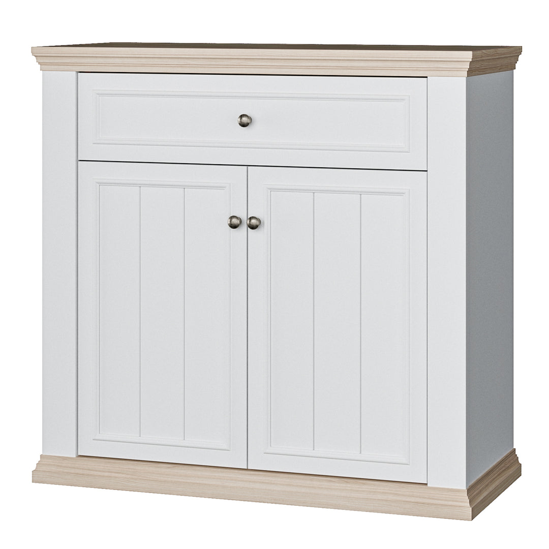Pontypool 2 Door 1 Drawer Small Sideboard in White and Riva Oak