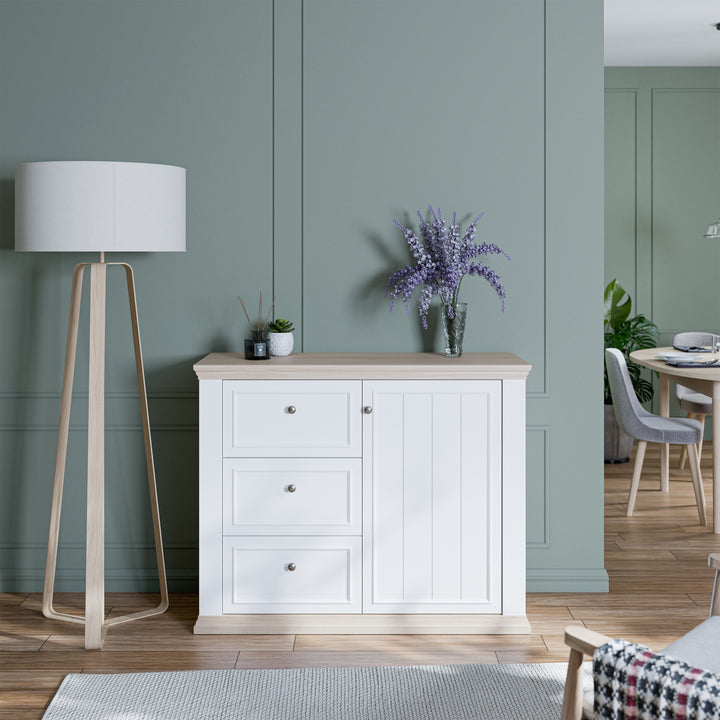 Pontypool 3 Drawer & 1 Door Sideboard in White and Riva Oak