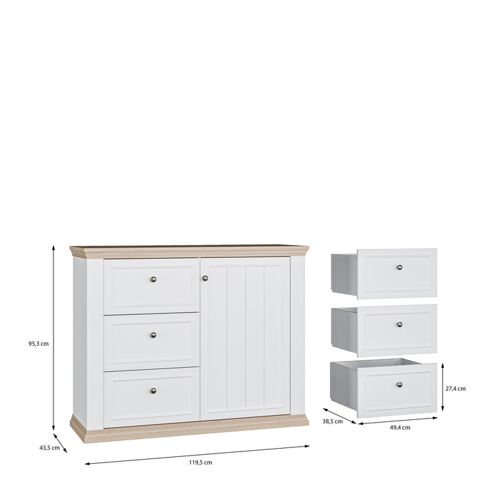 Pontypool 3 Drawer & 1 Door Sideboard in White and Riva Oak