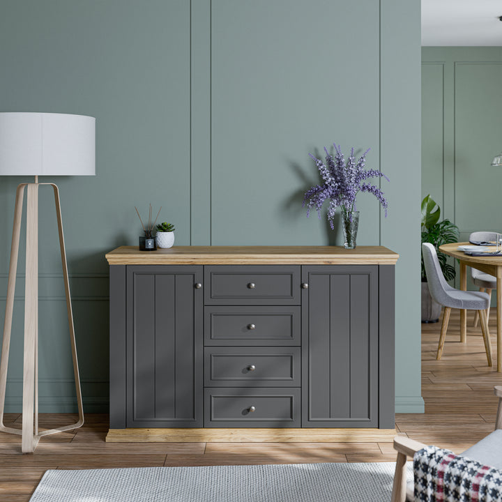 Pontypool 4 Drawer & 2-Door Sideboard in Grey and Mauvella Oak