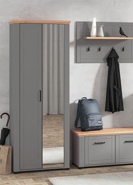 Marigold Grey And Artisan Oak Slim Narrow Mirrored Wardrobe
