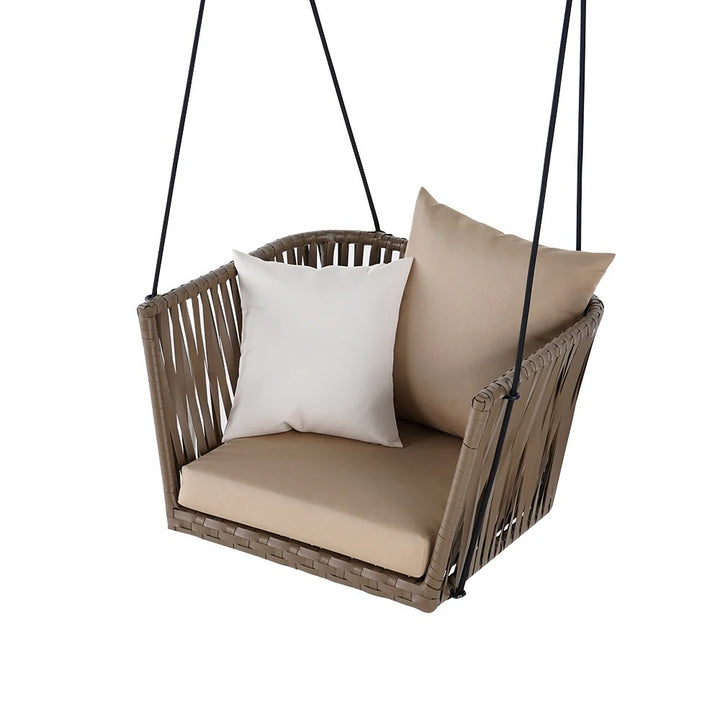 Traditional Outdoor Hanging Chair Rattan with Khaki Cushion Pillow
